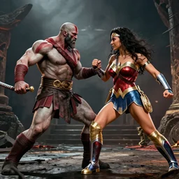 Kratos fighting with wonder woman in hell, professional photography