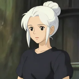 girl sorcerer with white hair in a hairbun, she is wearing a black tshirt. cgsociety masterpiece, artstation trending, by rossdraws, ghibli, kimi no na wa, greg rutkowski, simon stalberg, greg manchess