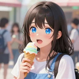 teenage cute girl with extremely detailed blue eyes!, holding a cone of rainbow ice cream!, excited expression!!, full face, medium shot, anime, fantastic details, trending on artstation, pixiv, hyperdetailed, stanley artge rm lau, wlop, rossdraws, james jean marc simonetti ruan jia and mandy jurgens and artgerm and william adolphe