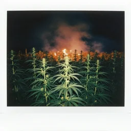 tall cannabis field in fire and smoke at night, polaroid