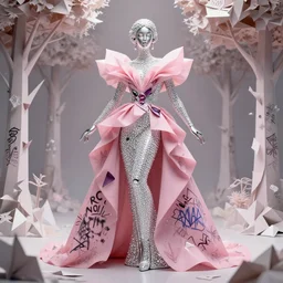 sculpture of a beautiful young female super model resembling drag superstar courtney act made out of silver ceramic and diamond wearing a pink tissue paper and onyx geometric gown by marc jacobs, paper graffiti, trees made out of origami, ethereal, fantasy, lawrence alma tadema, james jean, oozium, peter morbacher, angelarium, alchemy, luxury, heavenly light, soft illumination, cinematic lighting, very detailed, 3 d octane render, artgerm, trending on artstation, cgi society
