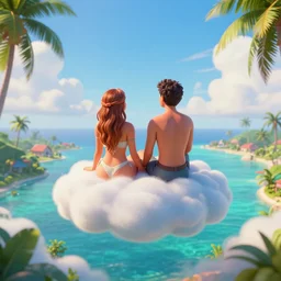 conceptual art of 1 couple sitting on a cloud with palms, high in the sky above a paradisiac Caribbeans, mattepainting concept pixar maya engine on stylized background  global illumination lighting artstation, in the style of Michelangelo