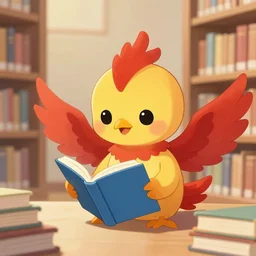 a cute adorable phoenix fledgling learning to read in a library #anime