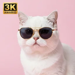 a white cat with golden sunglasses on, pink background, studio lighting, 4 k, award winning photography