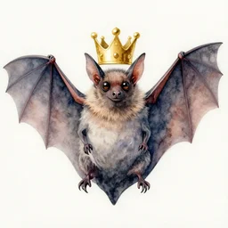 watercolor of the roundest of bats, wearing a crown