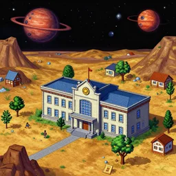 outside the administration building in a small colony on a strange wild planet, from a space themed Lucasarts graphic adventure game made in 1998