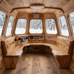the interior of a 1 9 7 0 s space ship carved out of wood, designed by eero saarinen, snow visible through the windows