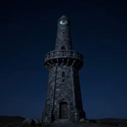 polaris, the north star, the pole star, evil and monstrous, stone watchtower, night sky, single man, lonely, winking hideously like an insane watching eye which strives to convey some strange message, yet recalls nothing save that it once had a message to convey, artstation, 8 k, highly detailed, by hieronymus bosch,
