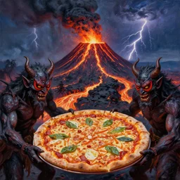 masked demons grabbing a large pizza!!!, in the background is a volcano spewing lava and black smoke, streams of glowing hot lava, flashes of lightning in the distance. wide angle, long shot, an ultrafine detailed painting by jackson pollock, deviantart, pop surrealism