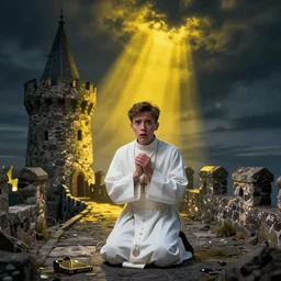 A terrified young catholic priest kneeled in passionate prayer at the summit of a medieval tower. Eyes are wide open with fear looking straight at the camera. Dressed in white. An ominous yellow shadow is descending upon him from the night sky. Close-up shot from above, award-winning digital art, trending on ArtStation
