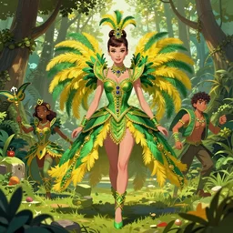 Audrey Hepburn using Brazilian Carnival Carnaval green and yellow forest costumes in blade and soul  spinoff artbook  rendered by the artist Hyung tae Kim, Jiyun Chae,  Lê Long, Joe Madureira, trending on Artstation by Hyung tae Kim, artbook, Stanley Artgerm Lau, WLOP, Rossdraws , James Gurney