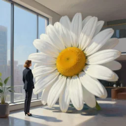 giant daisy flower head, a woman in suit, standing next to modern window in luxury loft, surreal photography, sunlight, impressionist painting, digital painting, artstation, simon stalenhag