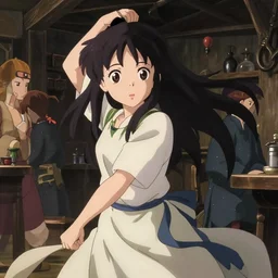 anime visual, portrait of a young female in medieval tavern interior at long hair, cute face by ilya kuvshinov, yoh yoshinari, makoto shinkai, dynamic pose, dynamic perspective, cel shaded, flat shading mucha, rounded eyes, moody, dramatic