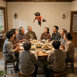 an image of a large traditional family sitting around the table for dinner but one of the kids is floating above the table.
