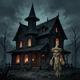Dark and Gloomy Witch house, scarecrow standing beside house, in style of Anne Stokes