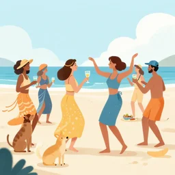 animals and humans dancing at a party at the beach, drinking, food, bar, music, resort, praising the sun, golden hour, cinematic, atmospheric, 8k resolution, Hyperrealistic