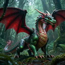 a green and red beautiful large dragon in a rain forest, dramatic lighting, uhd 4 k, artstation
