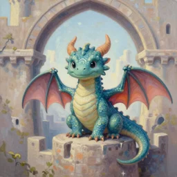fantasy realism, soft pastel oil painting, an adorable friendly and cute perched dragon, as an anatomically accurate quadruped, surrounded by castle archways and buttresses, art by peter mohrbacher, and tim hildebrandt, as a book cover illustration, cinematic composition, ultradetailed