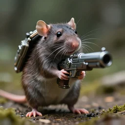 portrait of small bipedal fantasy rat!! holding carrying alien science fiction fantasy gun weapon, barrel aimed at towards screen, cinematic, portrait, macro, from the new science fiction movie, 8 k, f 1. 8!!!