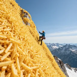 telelens shot of a mountain climber free soloing a very steep mountain made up entirely out of french fries, sports photo,