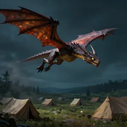 a wyvern flying low over tents on a plain, at night, fantasy art, artstation, dnd, dramatic lighting, concept art, 4 k, hyper realistic