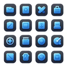 game asset of ui icons, props, stylized, 2 d sprites, kitbash, blue and black color scheme, 8 k, close up