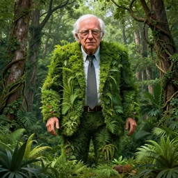 A massive overgrown statue of Bernie Sanders in a forest with trees and plants growing on it, overgrown with lush plants, thick and dense vines, digital art, trending on Artstation