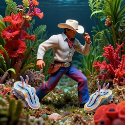 a cowboy turning into blooms in real life. volumetric lighting, beautiful, sharp focus, ultra detailed. bold vibrant complementary colors. a cowboy with plants by frank frazetta, kai carpenter, syd mead. tropical sea slugs. 4 k, 3 5 mm, fujifilm, by antonio canova. colorful red white jade