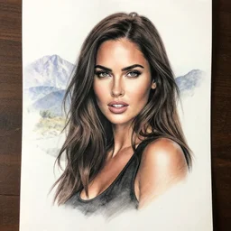 double exposure tattoo design sketch of megan fox with beautiful mountain scenery, hyper - realistic, in the style of den yakovelev, amazing detail, sharp