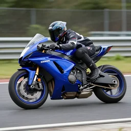 blue racing motorcycle driving fast on the street