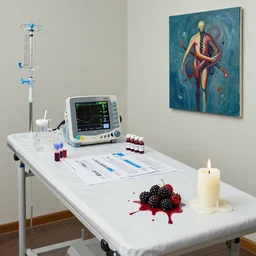 “ operating table, scientific glassware, a radio, iv equipment, vital signs rate monitor, blood collection vials, medical labels, a candle dripping white wax, squashed berries, berry juice drips, acrylic and spray paint and oilstick on canvas, surrealism, neoexpressionism ”