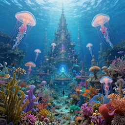 a photorealistic detailed image of a beautiful vibrant iridescent underwater seascape of full of colorful aquatic plants and hidden cities, jellyfish, spiritual science, divinity, utopian, by david a. hardy, hana yata, kinkade, lisa frank,
