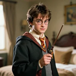 8 0 - year - old harry potter in his bedroom, holding his wand, hd, realistic
