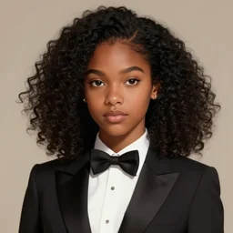 close up portrait of a shy brazilian girl wearing an elegant tuxedo, dark skin, black curly hair, digital art, artstation, smooth, by greg rutkowski, greg tocchini