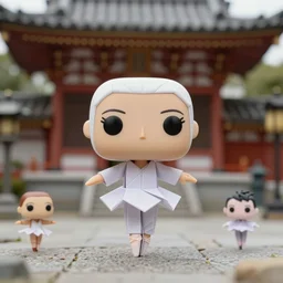 beautiful three point perspective film still of funko pop origami ballet in ronin, extreme closeup portrait in style of frontiers in miniature porcelain photography fashion architectural art studio seinen manga edition, miniature origami figurines, pointe pose, eye contact, tilt shift style temple scene background, soft lighting, kodak portra 4 0 0, 8 k, macro, cinematic style by emmanuel lubezki