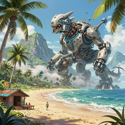 an intricate concept art, fantasy, beach behind mountains, with coconut trees, surf shack, a large mechanical biomes, megafauna, ultra photorealistic, ultra sharp, artstation, cgsociety, masterpiece, anime colors, by ivan talavera, by wlop, octane render, 8 k
