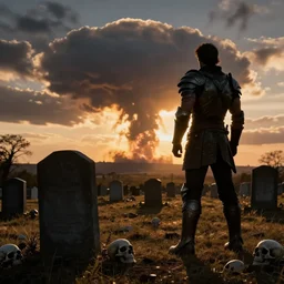 backlit graves ,graveyard with skulls on the ground ,backlight ,backlit silhouette of a muscular man with armor watching nuclear explosion , sunset cloudy panorama by frazetta