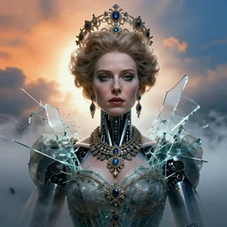 portrait of a cyborg queen elizabeth, shattered glass, jewellery, cinematic light, backlight, orange sky blue, mist, clouds, by mikhail vrubel, by philippe druillet, by wlop, by peter elson, by gerald brom, muted colors, ( extreme detail ), trending on artstation, 8 k