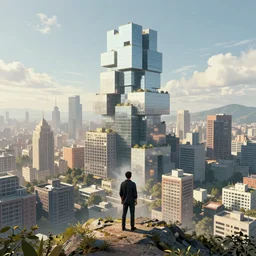 The viewer is standing on top of a hill overlooking a cityscape from above. There are many buildings below them, but there is one building that has an unusual shape. It looks like its made up of cubes, concept art, stunning volumetric light, fantasy, super wide angle, trending on artstation