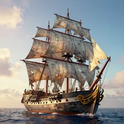 beautiful 3 d render of a singular three mast sail ship, predator, beast biology, disrepair, anchored, by marc simonetti, by federic edwin church, octane render, epic, 3 d, brilliantly colored, multiple wide angles, morning, volumetric lighting, hdr, micro details, 4 k