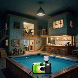a weird modern place, house, playground, office, pool, bar, pub, interior, room with eerie feeling, disposable colored camera, camera flash, unusual place, unsettling, kids place, night scene