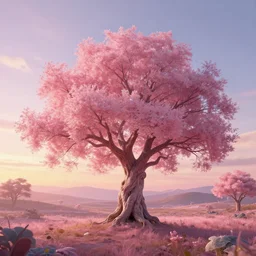 an enchanted shimmering pink tree in the middle of a stunning fantasy landscape during sunset, golden hour, by daniel conway, greg rutkowski and andreas rocha, highly detailed, soft illumination, high fantasy, concept art, trending on artstation, sharp focus, hasselbrad photography, beautiful digital art