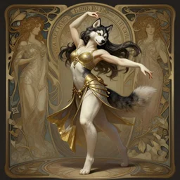 full body photography of a female anthropomorphic husky dancer, deep focus, d & d, fantasy, intricate, elegant, highly detailed, digital painting, artstation, concept art, matte, sharp focus, illustration, hearthstone, art by artgerm and greg rutkowski and alphonse mucha