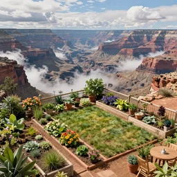 backyard garden, in the valley of the wind. Digital art, big scale landscape. High angle. Canyons. Clouds. Highly detailed, artstation. In style of Sebastian Luca.
