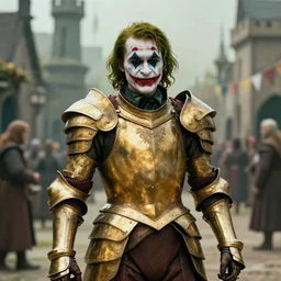 cinematic shot of the joker wearing golden knight armor in a medieval village, 8 k, intricate, detailed,