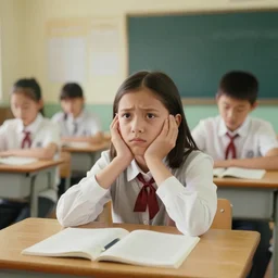 photo of a frustrated ten year old girl in class taken by wes anderson