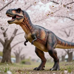 a portrait photo of tyrannosaurus at a sakura tree, side shot, by shunji dodo, 8 k resolution, high quality