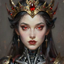 attractive female robot demon queen with crown and red eyes, painting by gaston bussiere and luis rollo, close - up portrait, digital painting, highly detailed, artstation, sharp focus, illustration, concept art, hd