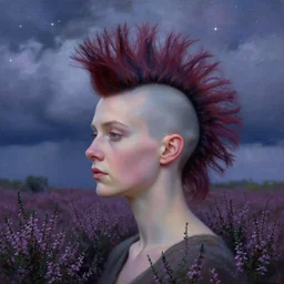 closeup, giant flower head with mohawk, woman in heather field, surreal photography, starlight, storm clouds, impressionist painting, digital painting, artstation, simon stalenhag