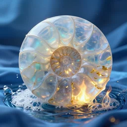 transparent marble obsidian ammonite fossil, blue silk, flowing water, glowing gold embers, spiritual vibes, glass flame, amaro, art nouveau, foamy bubbles, redshift render, cgi, 3 d, hyper - detailed, ultra - realistic, photo - bash, 8 k post - production, masterpiece